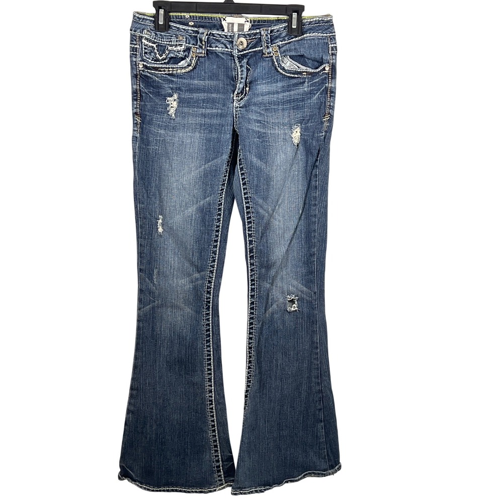 Vintage Trademark H Y2K Super Flare Jeans 30 Low Rise Embroidered Pockets Grunge